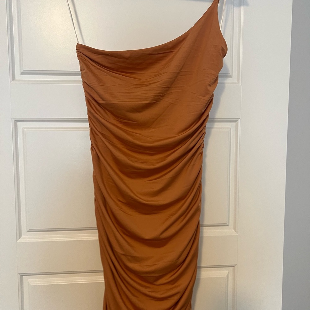 Hello Molly Asymmetrical Ruched Orange Mini Dress